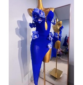 Customized size royal blue competition latin dance dresses for women girls flowers salsa rumba chacha dance irregular skirts modern dance outfits for female